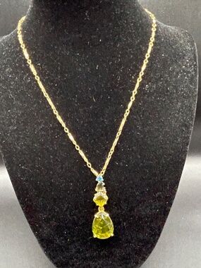 Vintage Monet Signed Gold Tone Green and Light Blue Rhinestone Pendant Necklace